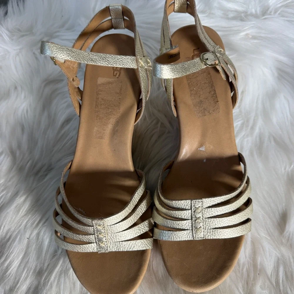 UGG Brigitte Metallic Gold Strappy Cork Wedge Sandals FD11164 Size 10